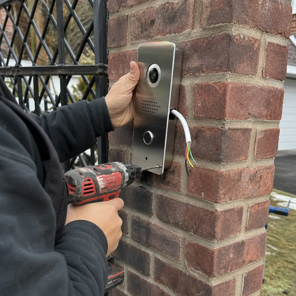 Technician installing a smart gate access control video intercom system in New York City, NY