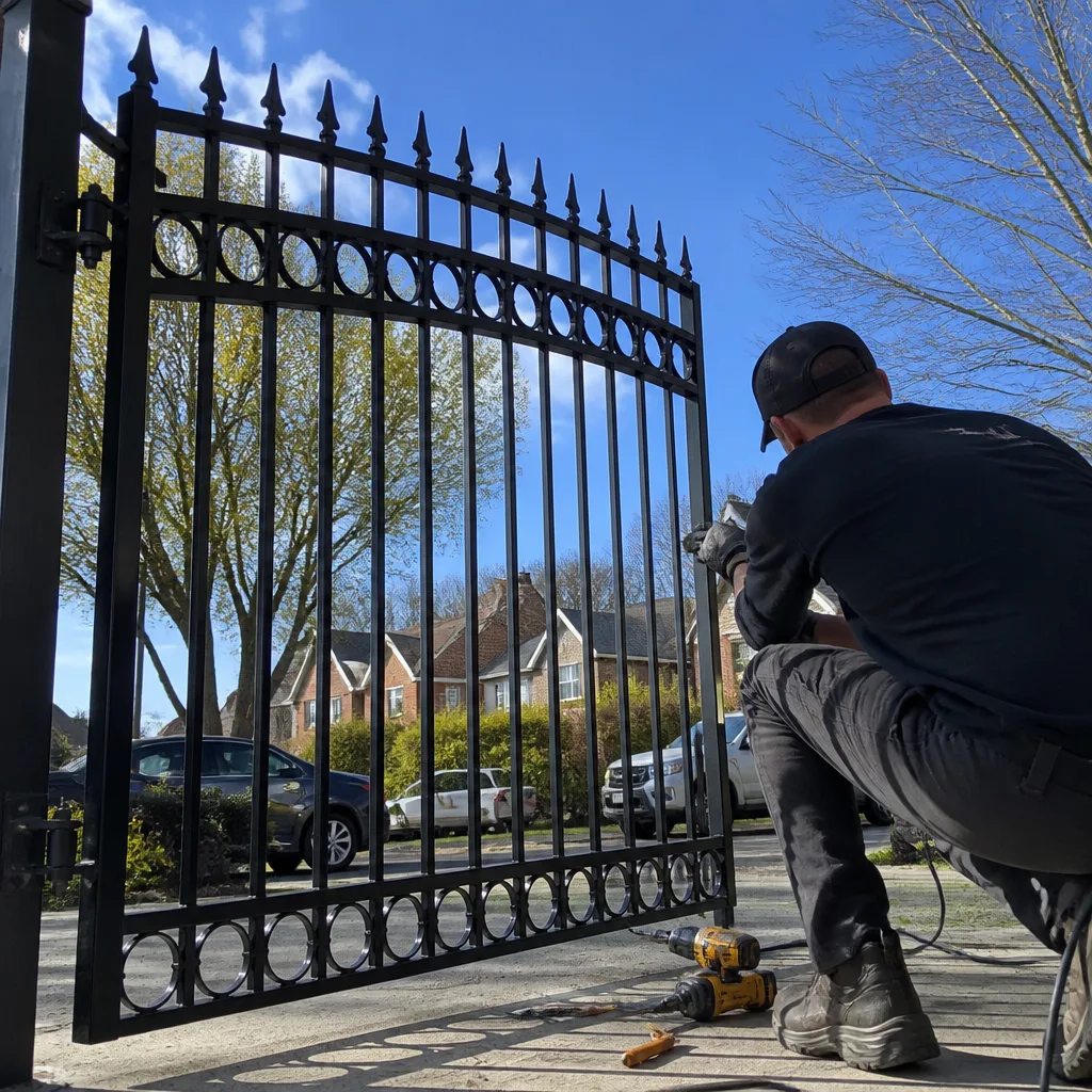 Professional technician performing iron gate repair and installation