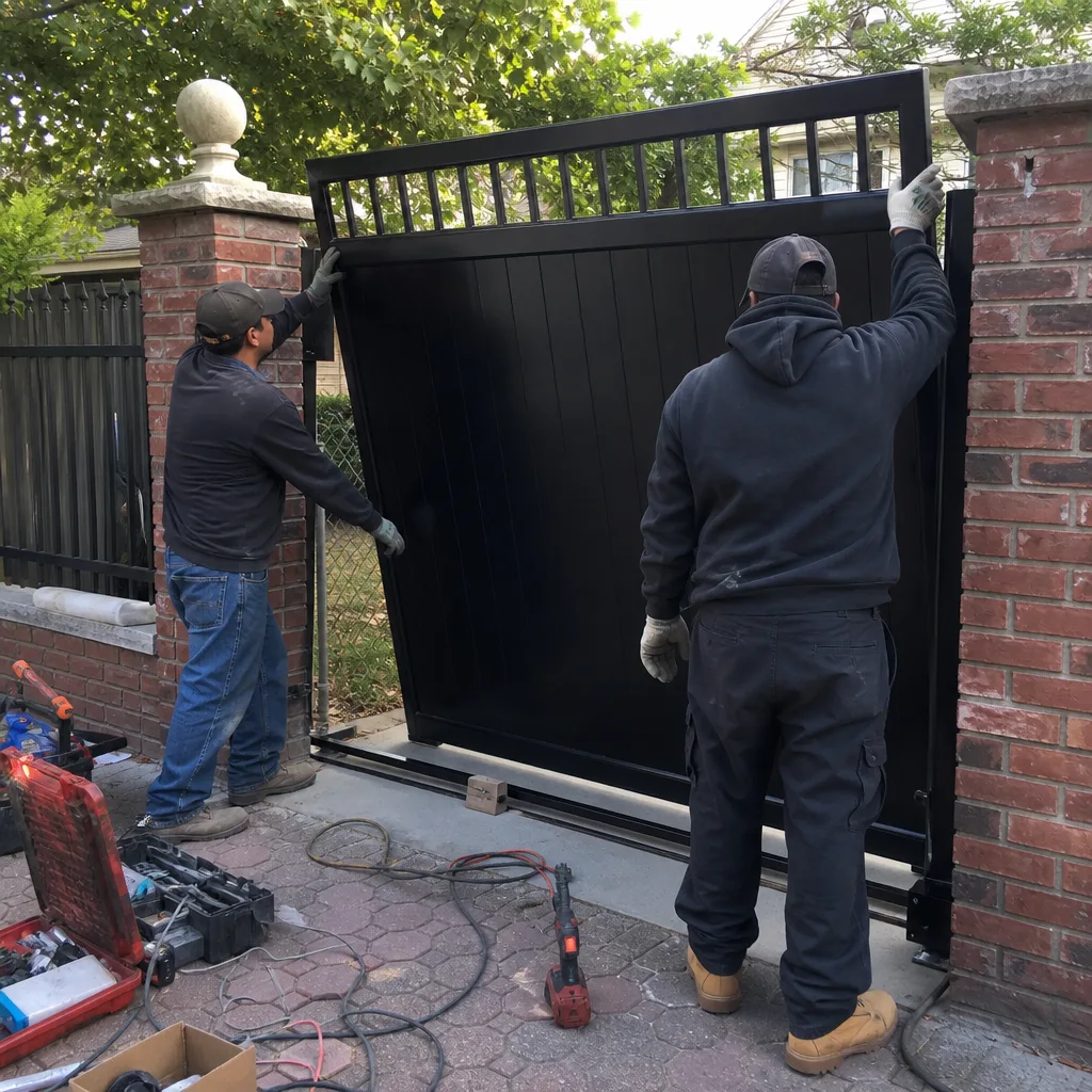 Two professionals installing a large black residential metal gate