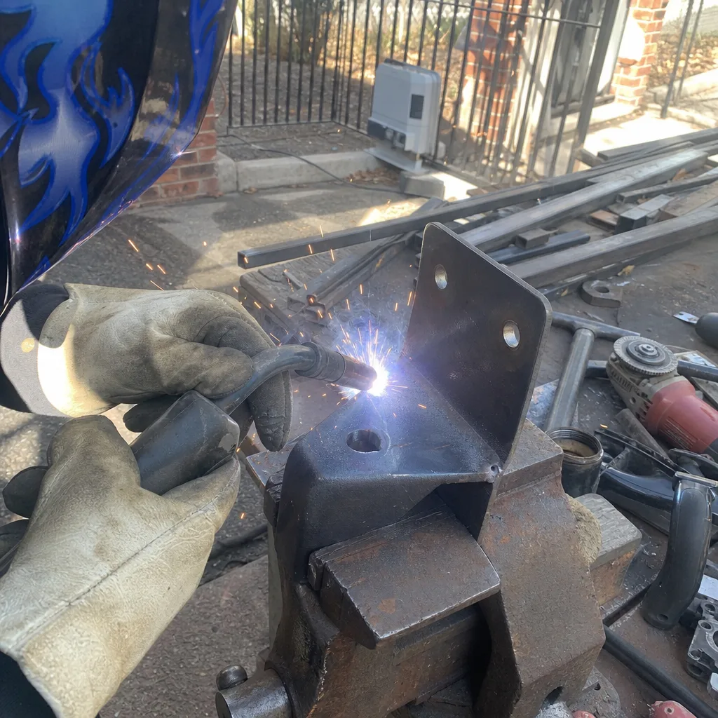 Welder performing precision metal welding on gate parts in a workshop in New York City, NY