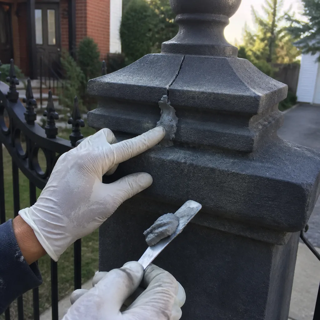 Professional repairing a crack on an ornamental metal gate post